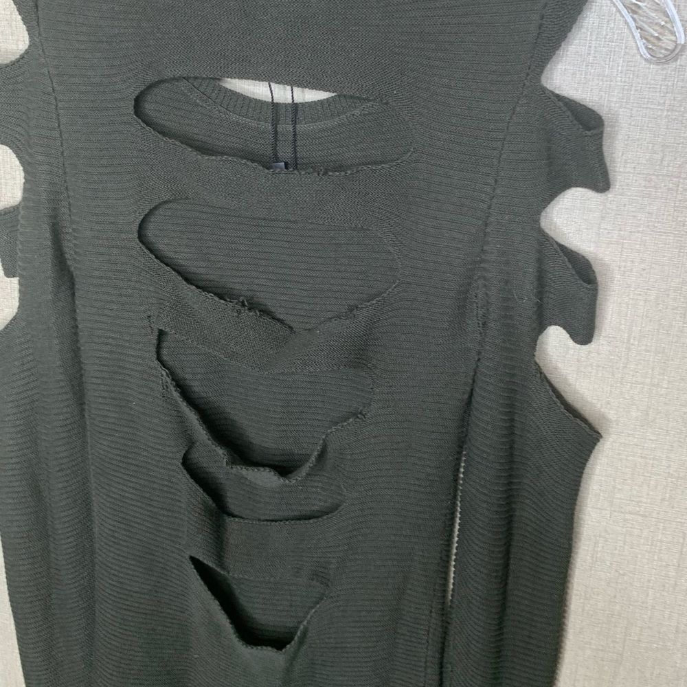 Vintage Express Grunge Sweater Dress XS Olive Green Distressed Back Bodycon Knit - Picture 6 of 9